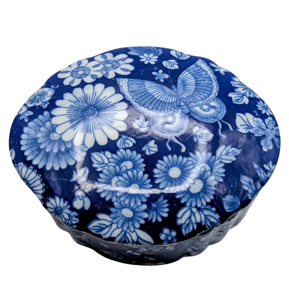 Vintage Blue & White Floral Butterfly Ceramic Trinket Box W/ Lid